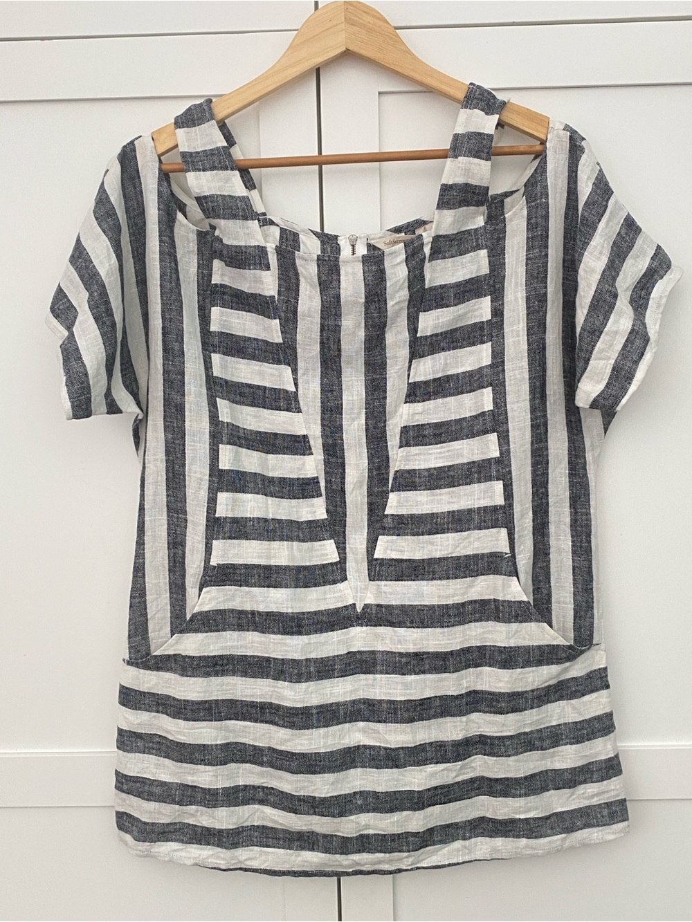 Soft Surroundings Linen Blend Cold Shoulder Black Cream Striped Tunic Small